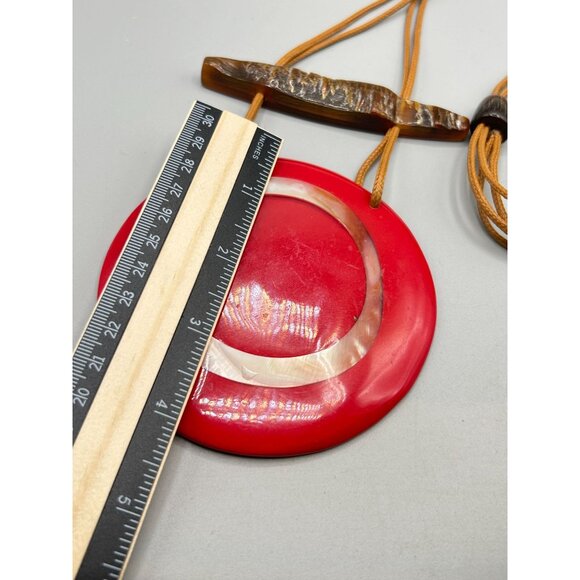 Oversized Red Statement Necklace Big Round Pendant with Mother of Pearl & Horn - Picture 7 of 11